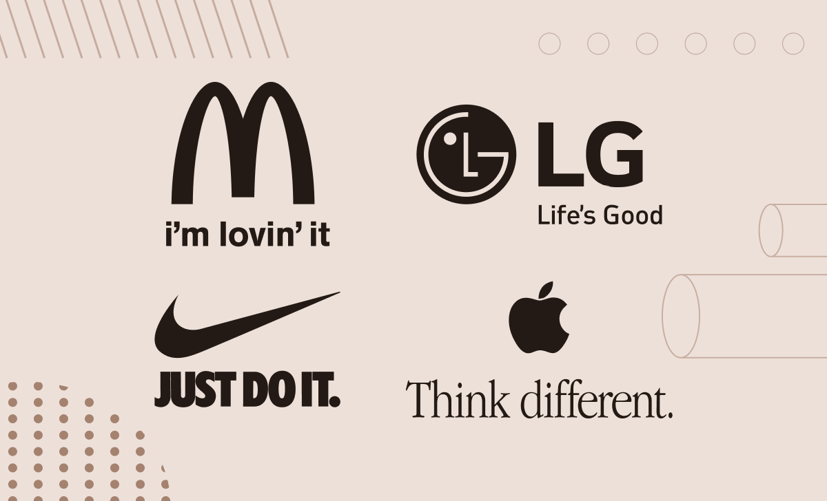 Brand logos with slogans - McDonald's, LG, Apple, Nike